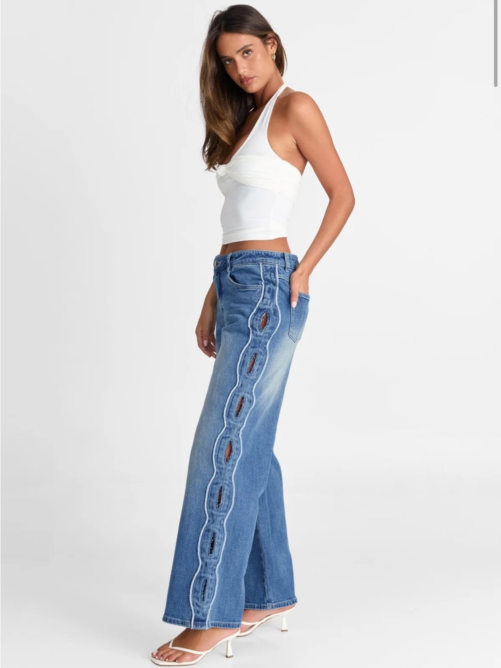 Wide Leg Distressed Side-Panel Jeans - Blue
